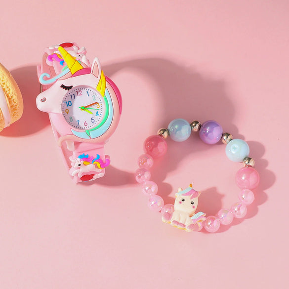 Children's Plastic Digital Scale Watch And Beaded Unicorn Necklace Set Cartoon Style Round Dial Spiral Crown Pin Buckle