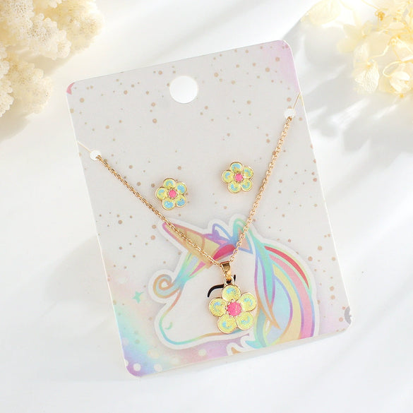 Children's Princess Flower Necklace And Earrings Set Alloy Jewelry With Glossy Drip Finish