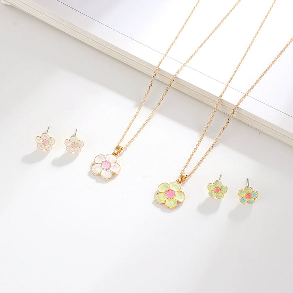 Children's Princess Flower Necklace And Earrings Set Alloy Jewelry With Glossy Drip Finish