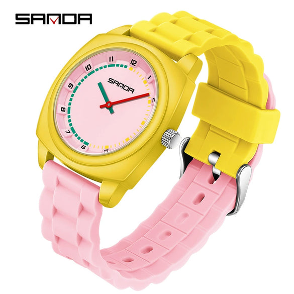 Children's Watch Dopamine Colorblocking Silicone Case And Strap Round Dial Quartz Movement Waterproof