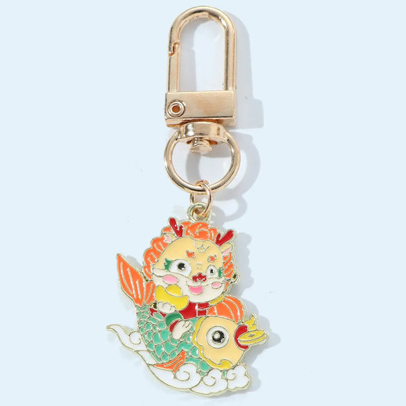 Chinoiserie Cartoon Style Cute Carp Dragon Metal Zinc Alloy New Year Bag Pendant Keychain