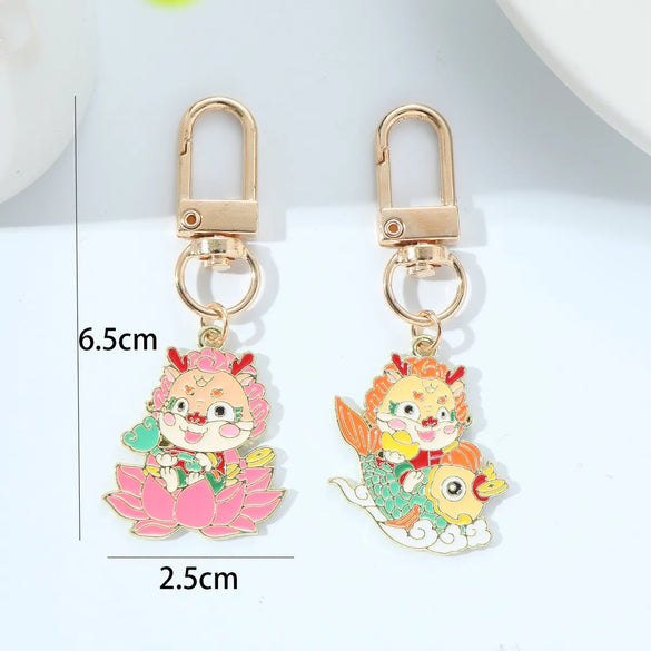 Chinoiserie Cartoon Style Cute Carp Dragon Metal Zinc Alloy New Year Bag Pendant Keychain