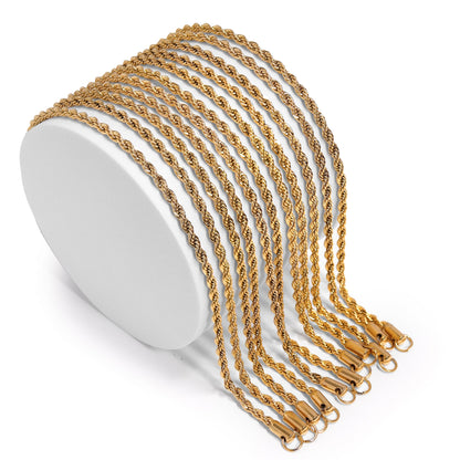 10 Pack - Stainless Steel 18K Gold PVD Coated Rope Chain Necklace 3mm 16 / CHN9702