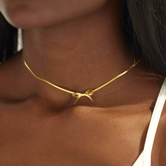 Choker Necklace Stainless Steel Titanium Steel Bow Snake Bone Style 18K Gold Plated Color Preservation Electroplating