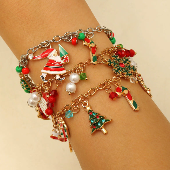 Christmas Alloy Charm Bracelet For Women With Snowflake Elk Bell Santa Claus And Tree Pendants Dripping Oil Finish Buckle Design