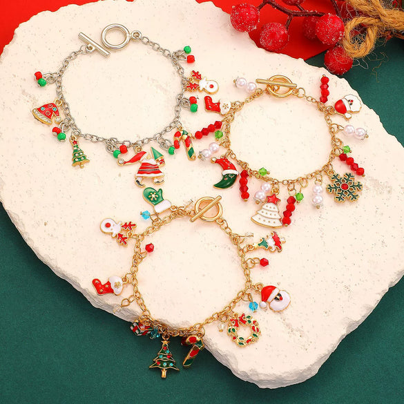 Christmas Alloy Charm Bracelet For Women With Snowflake Elk Bell Santa Claus And Tree Pendants Dripping Oil Finish Buckle Design