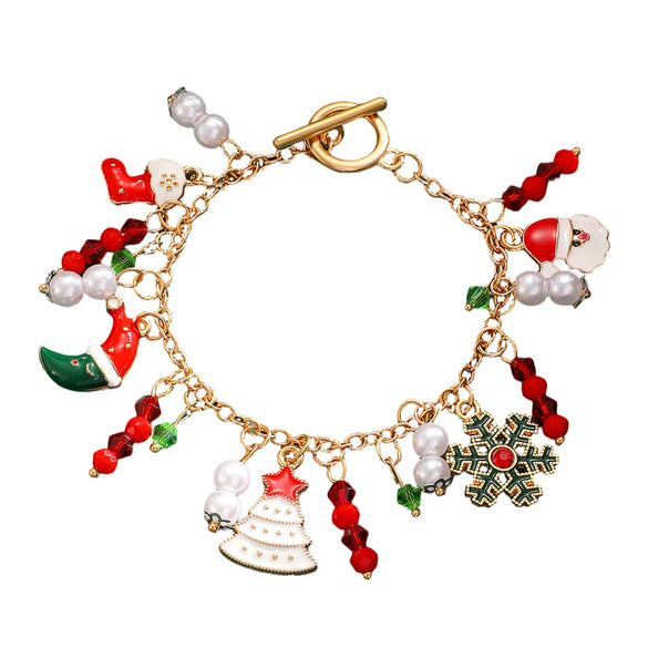 Christmas Alloy Charm Bracelet For Women With Snowflake Elk Bell Santa Claus And Tree Pendants Dripping Oil Finish Buckle Design