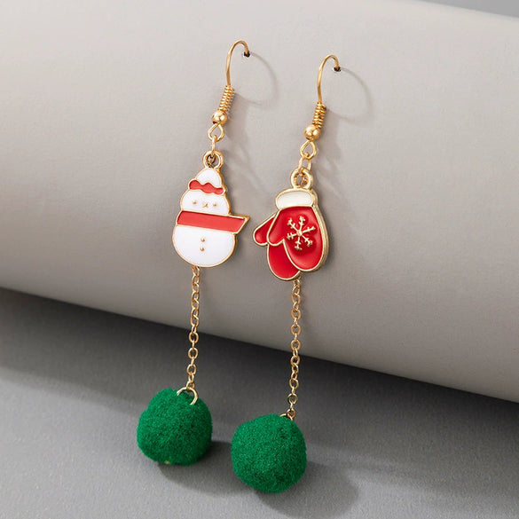 Christmas Alloy Drop Earrings With Candy Elk Bell And Red Green Fur Ball Accents Electroplated Geometric Simple Fashion Earrings