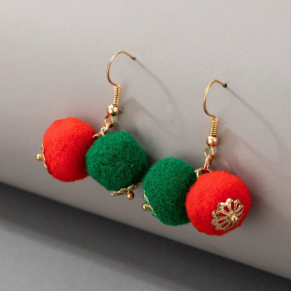Christmas Alloy Drop Earrings With Candy Elk Bell And Red Green Fur Ball Accents Electroplated Geometric Simple Fashion Earrings