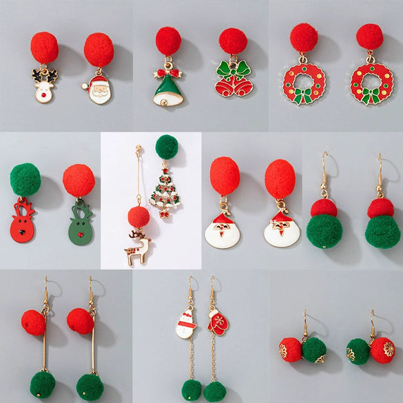 Christmas Alloy Drop Earrings With Candy Elk Bell And Red Green Fur Ball Accents Electroplated Geometric Simple Fashion Earrings