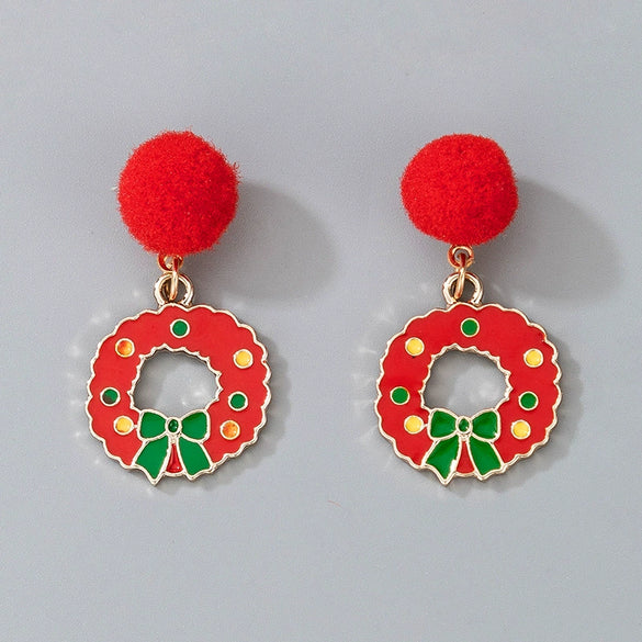 Christmas Alloy Drop Earrings With Candy Elk Bell And Red Green Fur Ball Accents Electroplated Geometric Simple Fashion Earrings