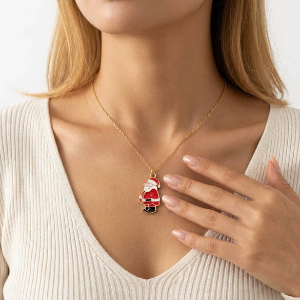 Christmas Alloy Enamel Deer Head Snowflake Gingerbread Man Bell Pendant Necklace With Electroplated Finish