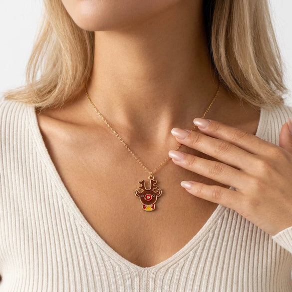 Christmas Alloy Enamel Deer Head Snowflake Gingerbread Man Bell Pendant Necklace With Electroplated Finish
