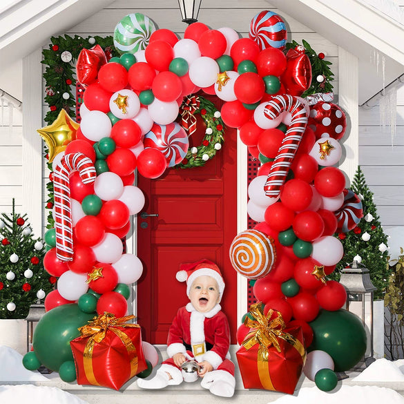 Christmas Balloon Arch Decoration Set With Santa Gift Box Round Aluminum Foil Ornament Balloons