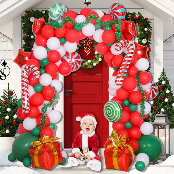 Christmas Balloon Arch Decoration Set With Santa Gift Box Round Aluminum Foil Ornament Balloons
