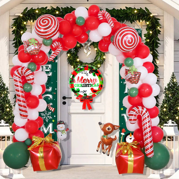 Christmas Balloon Arch Decoration Set With Santa Gift Box Round Aluminum Foil Ornament Balloons