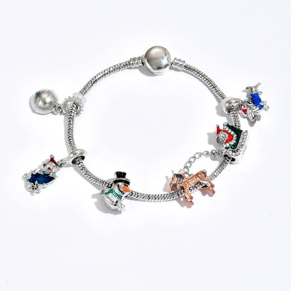 Christmas Cartoon Charm Bracelets Zinc Alloy Snowman Reindeer And Santa Pendants With Drip Oil Finish Minimalist Wholesale Jewelry
