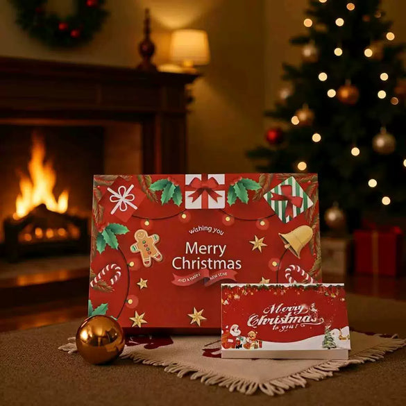 Christmas Gift Box With Red Joy Design Card And Raffia Detail Uv Finish Special Paper Folding Box With Separate Lid And Base