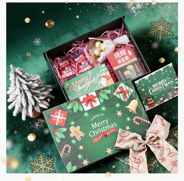 Christmas Gift Box With Red Joy Design Card And Raffia Detail Uv Finish Special Paper Folding Box With Separate Lid And Base