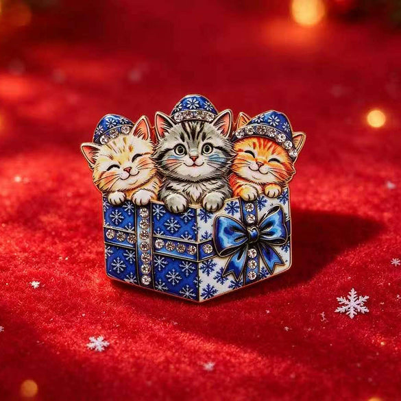 Christmas Kitten Brooch Set For Women Electroplated Alloy Cat Design With Printed Details And Rhinestone Embellishment In Gift Box