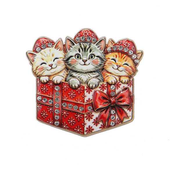 Christmas Kitten Brooch Set For Women Electroplated Alloy Cat Design With Printed Details And Rhinestone Embellishment In Gift Box