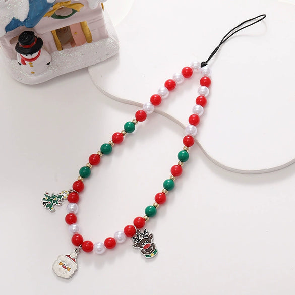 Christmas Mobile Phone Chain Acrylic Beaded With Santa Claus And Short Christmas Tree Pendants Electroplated Wrist Strap Antilost Chain With Love Heart Water Drop Bell Patterns
