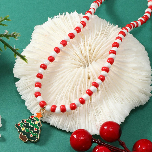 Christmas Necklace Alloy Soft Pottery Rice Beads Geometric Pendant For Women