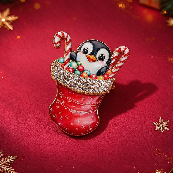 Christmas Penguin In Boots Brooch Pin Printed Electroplated Alloy Festive Accessory For Women And Unisex Gift