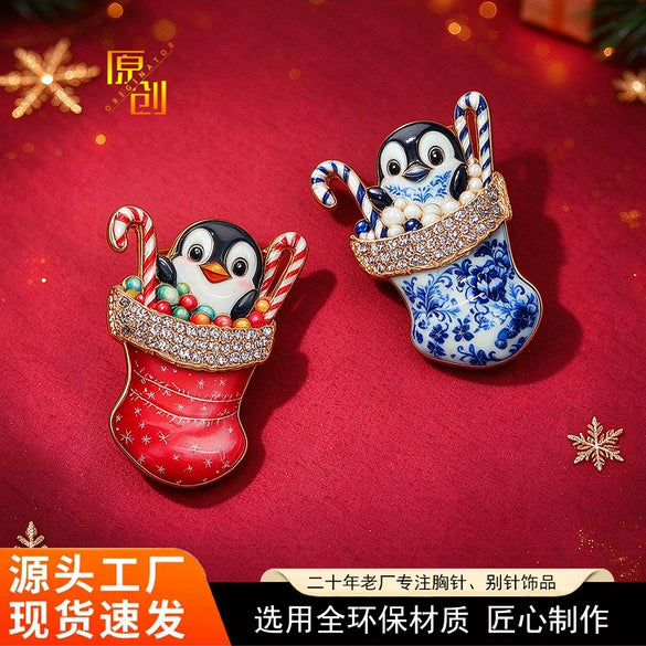 Christmas Penguin In Boots Brooch Pin Printed Electroplated Alloy Festive Accessory For Women And Unisex Gift