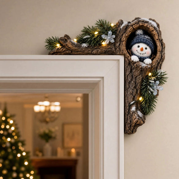 Christmas Snowman Door Frame Hanging Decoration Printed Boxwood Cartoon Ornament With Snowflakes And Pine Needle Details