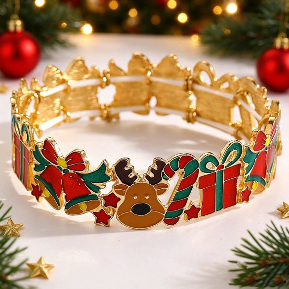 Christmasthemed Oil Drip Alloy Elastic Bracelet With Geometric Holiday Charms For Women And Men