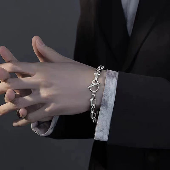 Chunky Cuban Link Bracelet In Titanium Steel With Geometric Square Buckle And Electroplated Hip Hop Street Style Design