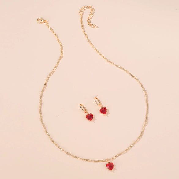 Classic Crystal Zircon Love Heart Pattern Glass And Copper Jewelry Necklace Earrings Set For Women