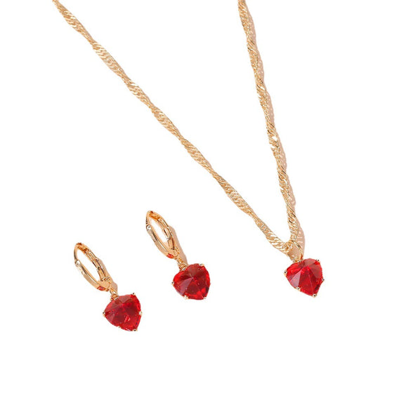 Classic Crystal Zircon Love Heart Pattern Glass And Copper Jewelry Necklace Earrings Set For Women