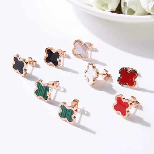 Classic Fourleaf Clover Titanium Steel Stud Earrings For Women With Electroplating And Flower Pattern