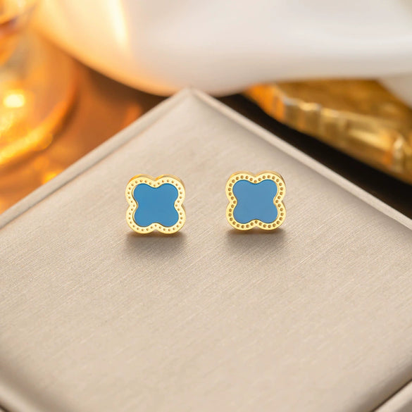 Classic Fourleaf Clover Titanium Steel Stud Earrings For Women With Electroplating And Flower Pattern