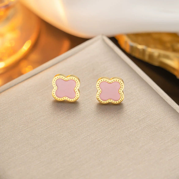 Classic Fourleaf Clover Titanium Steel Stud Earrings For Women With Electroplating And Flower Pattern