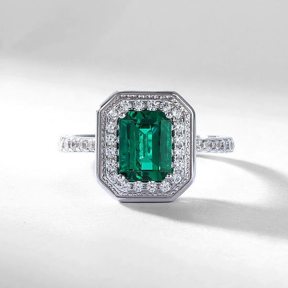 Classic Geometric Cultivated Emerald Women's Vintage Ring 925 Silver
