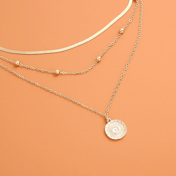 Classic Gold Beads Flat Snake Chain Disc Three Layer Women's Necklace In Alloy With Electroplating And Round Pattern