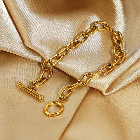 Classic Gold Plated Stainless Steel Oval Chain Paper Clip Bracelet For Women With Electroplating Process