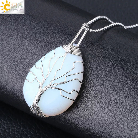 Classic Minimalist Teardrop Natural Stone Black Agate And Opal Pendant Necklace With Electroplated Copper Ball Chain For Unisex Wear