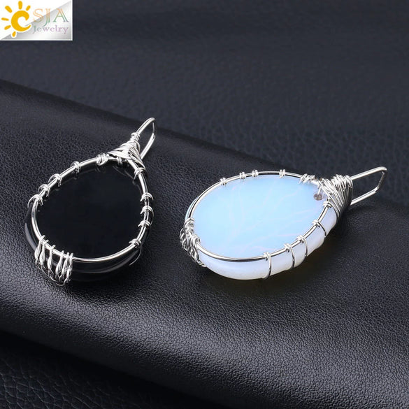 Classic Minimalist Teardrop Natural Stone Black Agate And Opal Pendant Necklace With Electroplated Copper Ball Chain For Unisex Wear