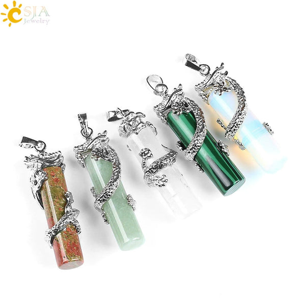 Classic Natural Stone Crystal Column Pendant Necklace Copper Electroplated Minimalist Totem Dragon Design Jewelry For Men And Women