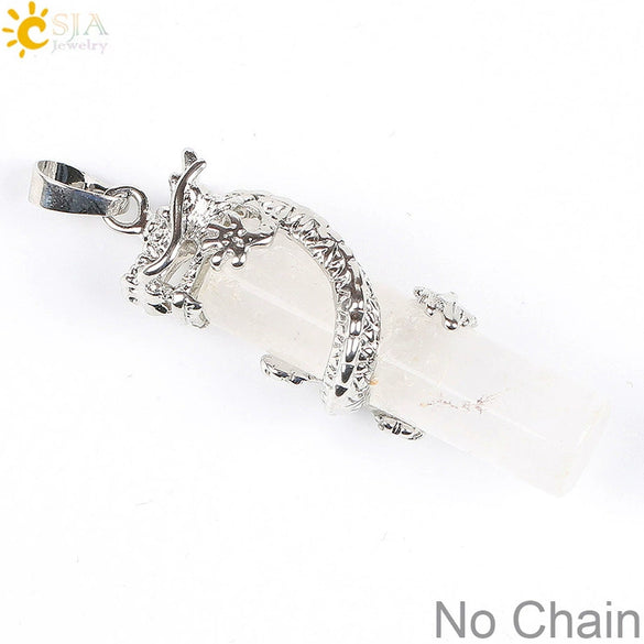 Classic Natural Stone Crystal Column Pendant Necklace Copper Electroplated Minimalist Totem Dragon Design Jewelry For Men And Women