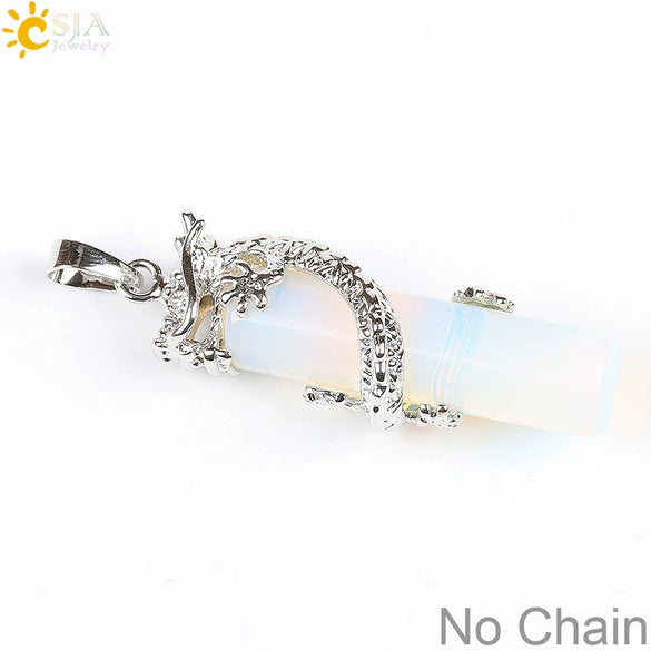 Classic Natural Stone Crystal Column Pendant Necklace Copper Electroplated Minimalist Totem Dragon Design Jewelry For Men And Women