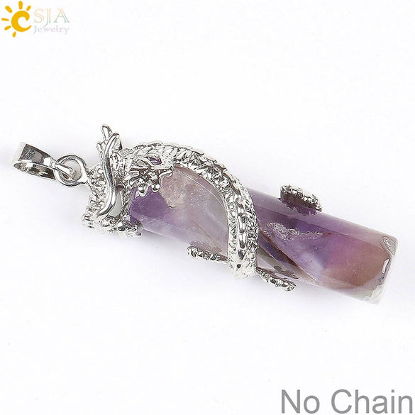 Classic Natural Stone Crystal Column Pendant Necklace Copper Electroplated Minimalist Totem Dragon Design Jewelry For Men And Women