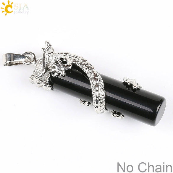 Classic Natural Stone Crystal Column Pendant Necklace Copper Electroplated Minimalist Totem Dragon Design Jewelry For Men And Women