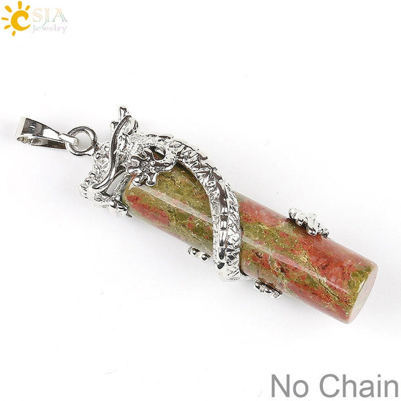 Classic Natural Stone Crystal Column Pendant Necklace Copper Electroplated Minimalist Totem Dragon Design Jewelry For Men And Women