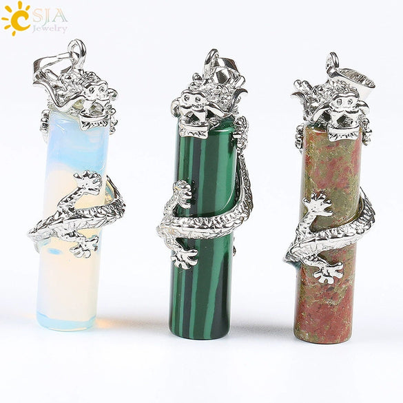 Classic Natural Stone Crystal Column Pendant Necklace Copper Electroplated Minimalist Totem Dragon Design Jewelry For Men And Women
