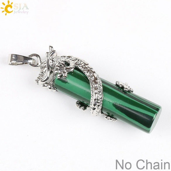 Classic Natural Stone Crystal Column Pendant Necklace Copper Electroplated Minimalist Totem Dragon Design Jewelry For Men And Women